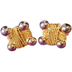 Vintage Gold Tone Square Woven Silver‎ Ball Clip On Earrings Statement Jewelry